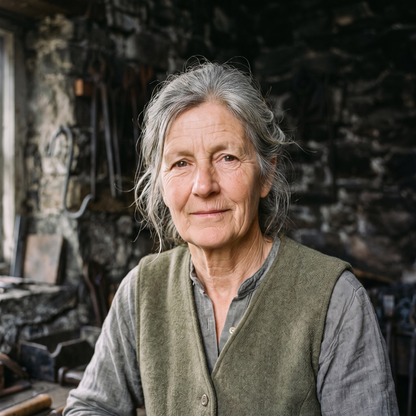 Eleanor Nell Ashcroft, blacksmith, in her stone forge above the River Kent in Cumbria