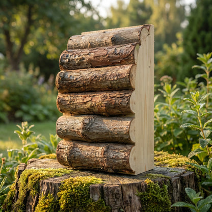Malcolm Reeve's hand-built bat box of stacked bark-on logs standing on a mossy tree stump in a garden