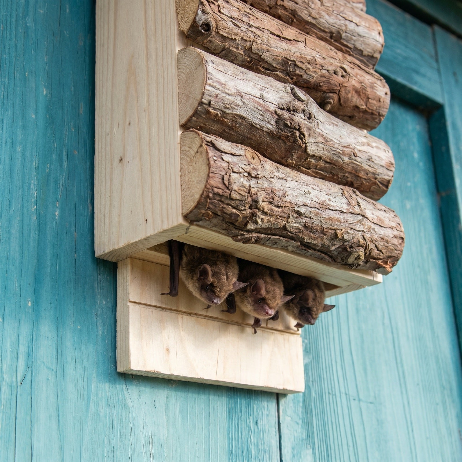 A colony of pipistrelle bats roosting inside the bat box, seen from the open bottom