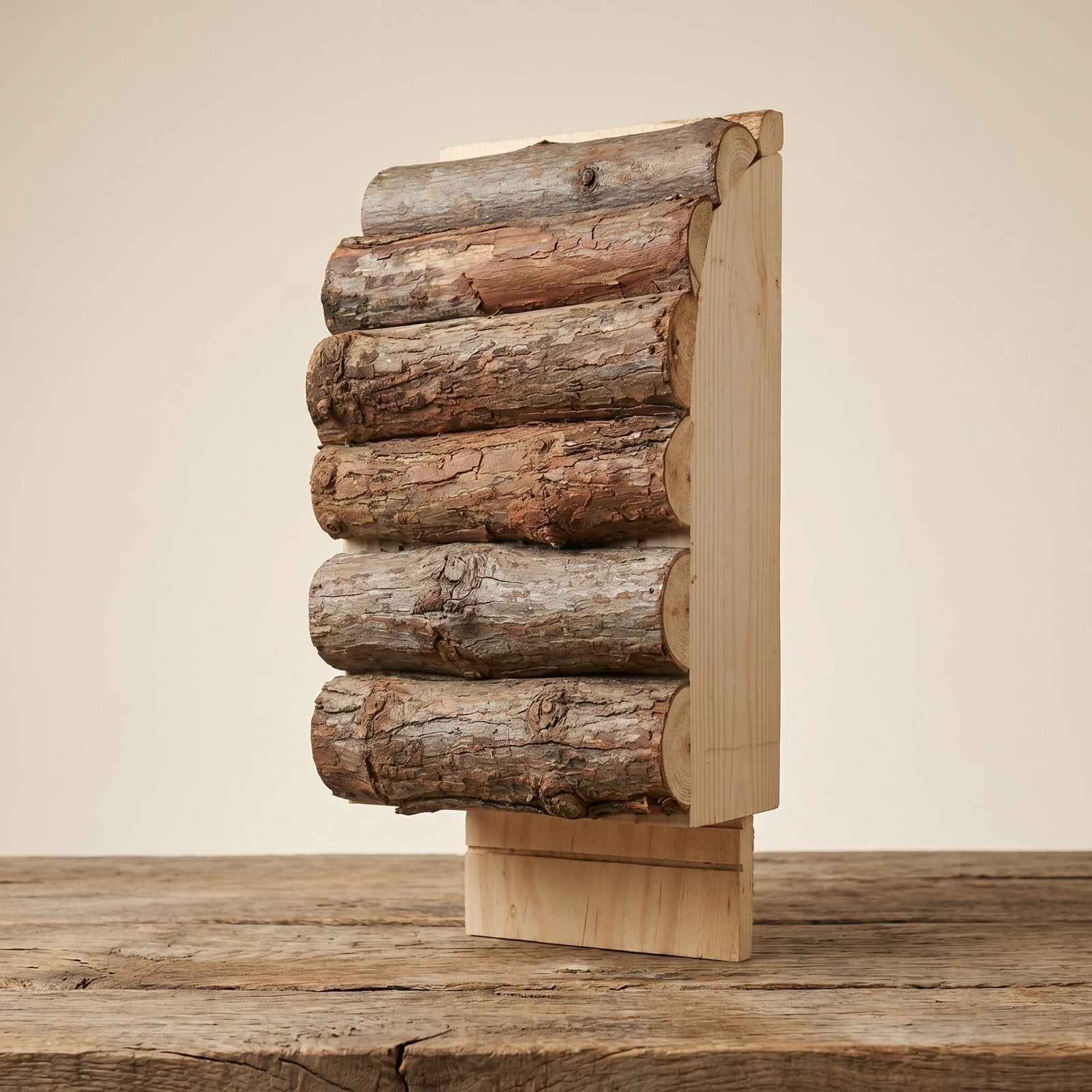 The hand-built bat box photographed straight on against a plain cream background