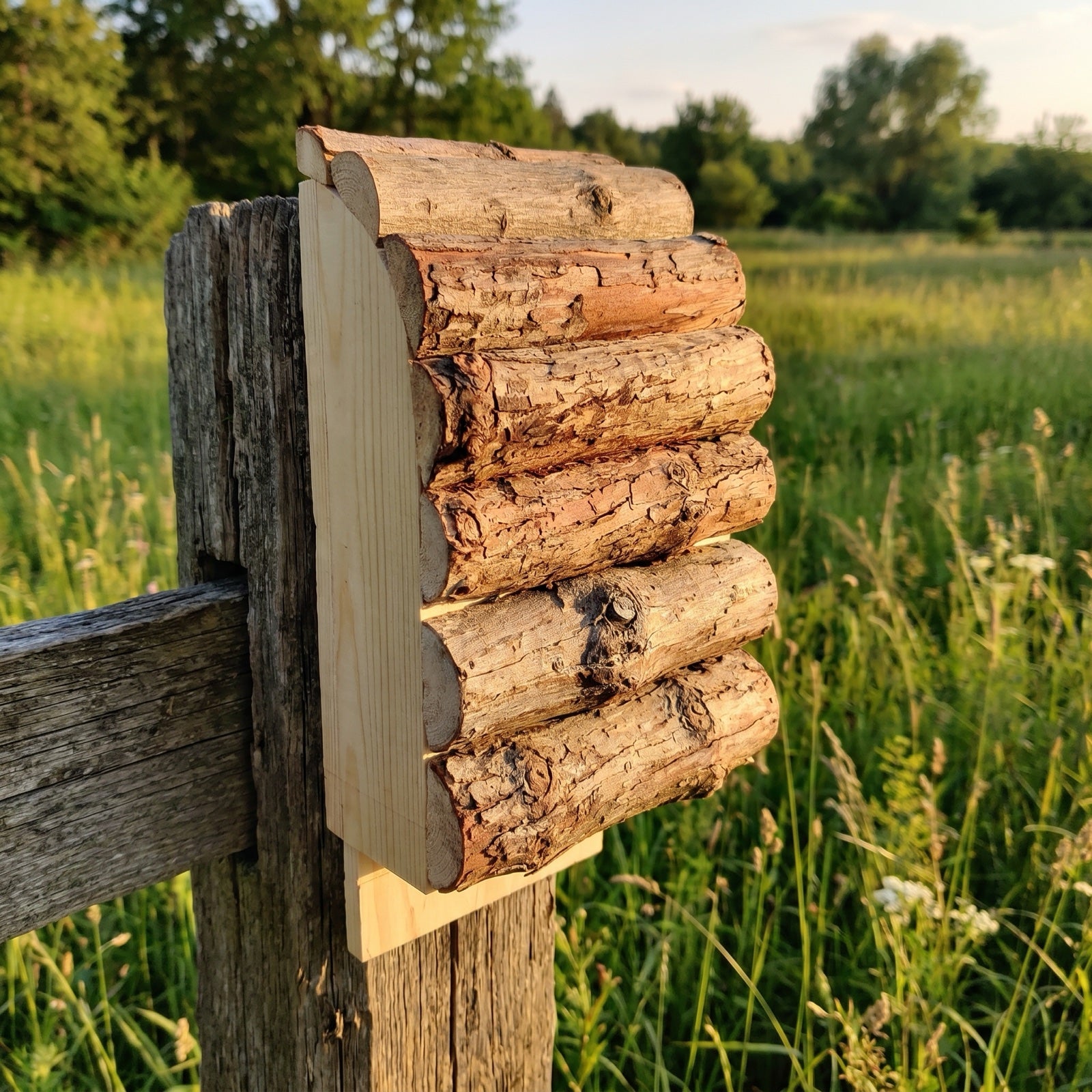 The bat box mounted on a weathered post at the edge of a meadow in morning light