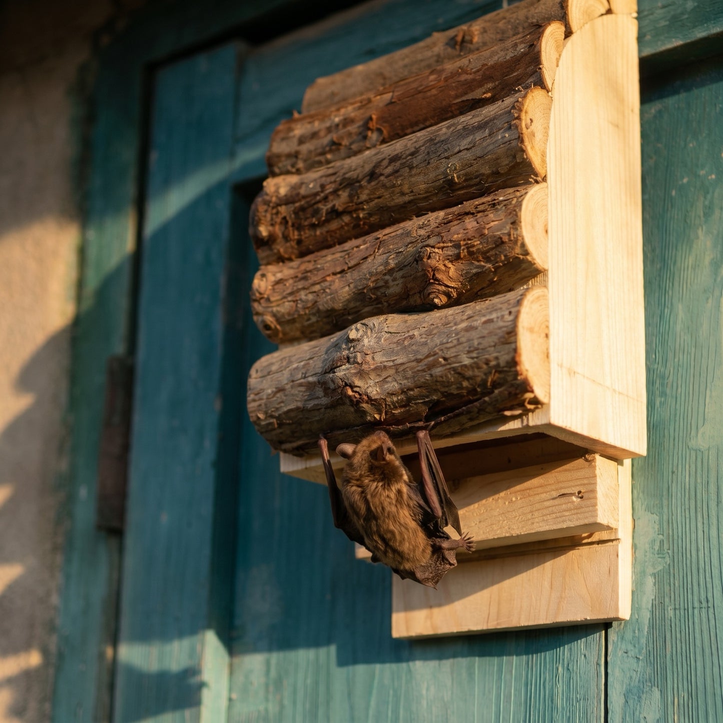A bat landing at the underside of the bat box in golden evening light