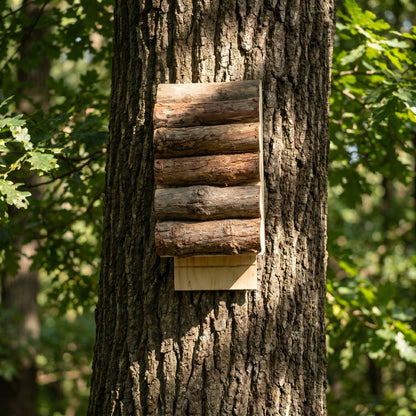 The bat box fixed to a mature tree trunk in dappled woodland light