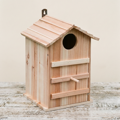 Ron's hand-built untreated pine owl box, three-quarter view