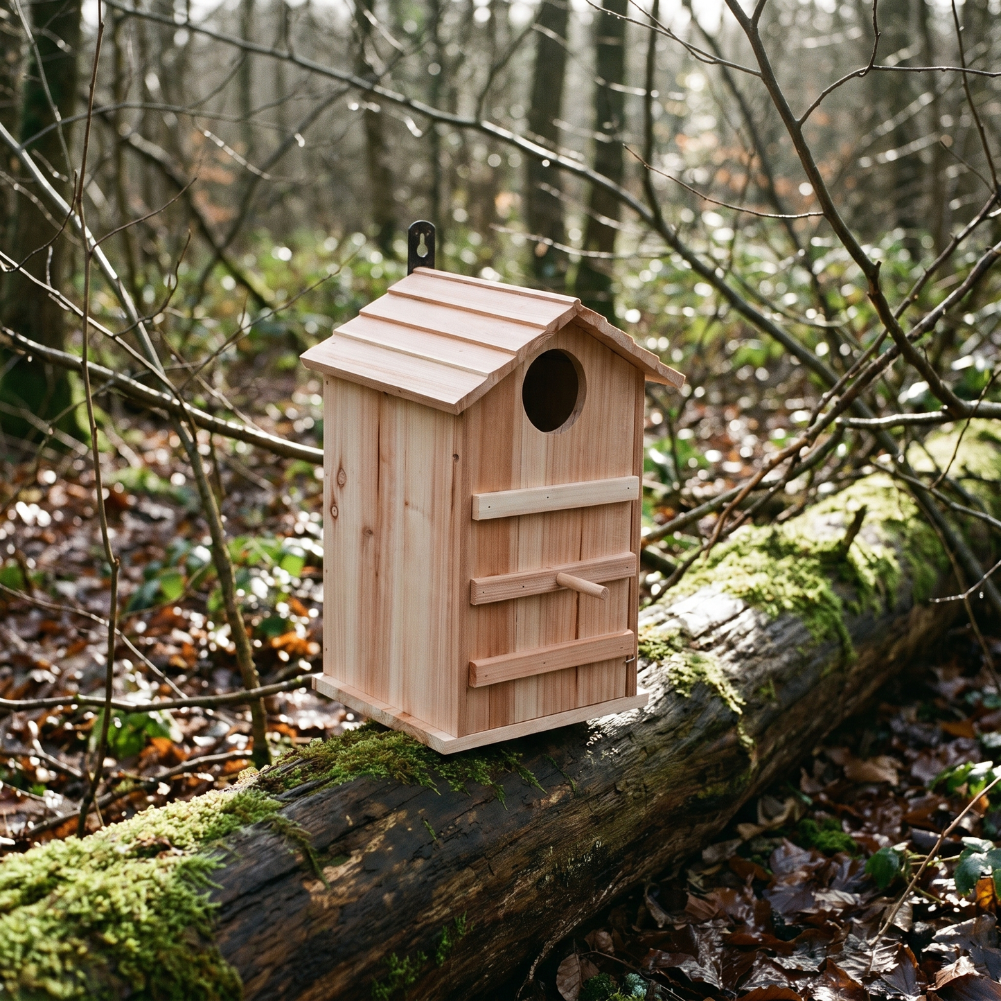 The owl box resting on a mossy fallen log in an English wood