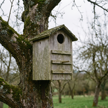 The owl box mounted on the mossy trunk of an old apple tree in an orchard