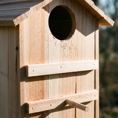 Close-up of the hand-bored 9.5 cm entrance hole, front rails and perch