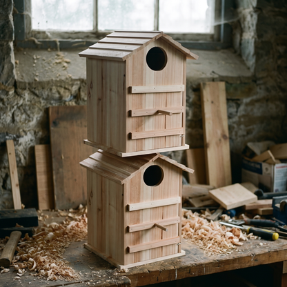 Two finished owl boxes stacked on the workshop bench