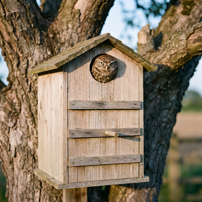 A little owl looking out of the entrance hole of the mounted owl box