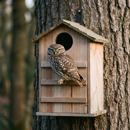 A little owl gripping the dowel perch rail on the front of the box