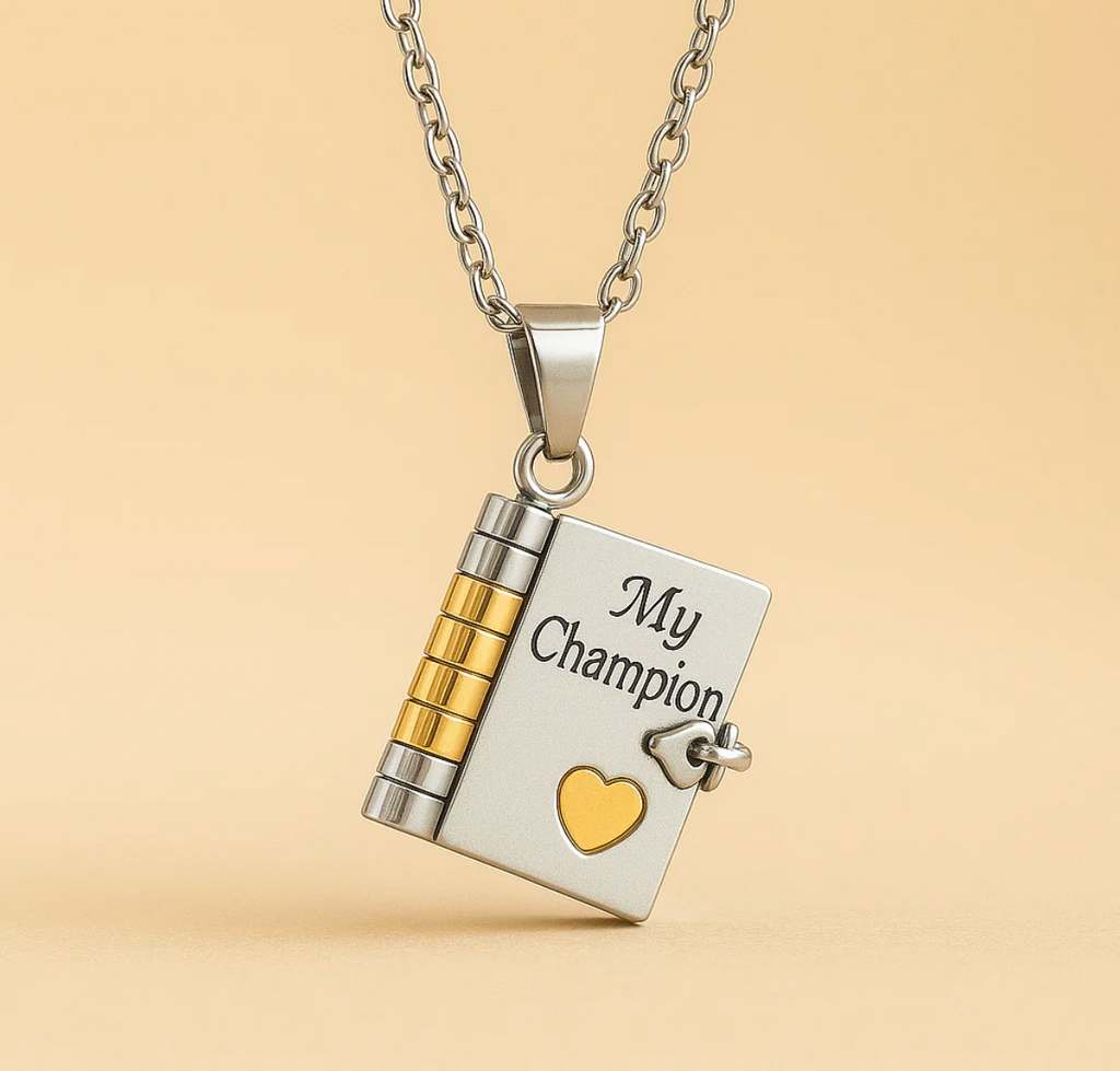The Champion book locket necklace, two-tone, My Champion engraved cover
