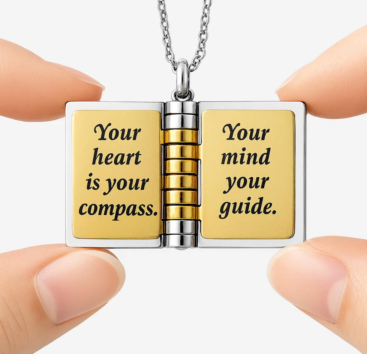 The Champion locket opened to the page reading Your heart is your compass