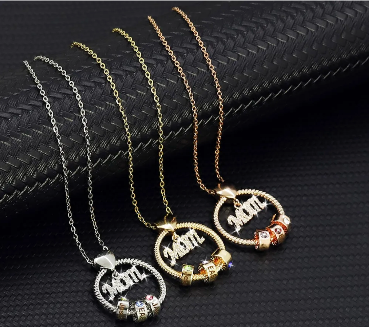 The Halo MOM circle necklace shown in silver, gold and rose gold