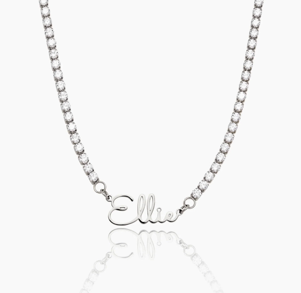 The Celeste pearl name necklace — on model