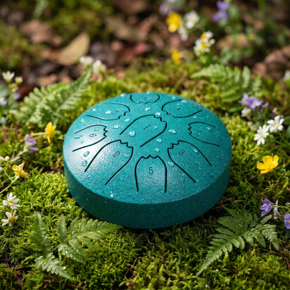 Hand-tuned rain drum resting on green moss after rain
