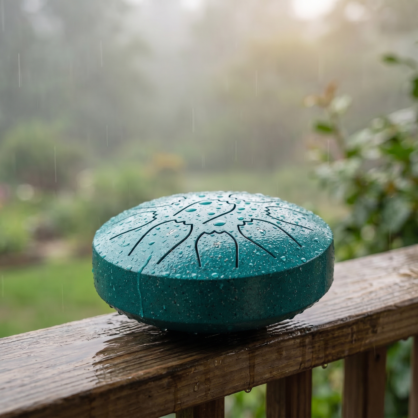 Rain drum sitting on a wooden garden railing