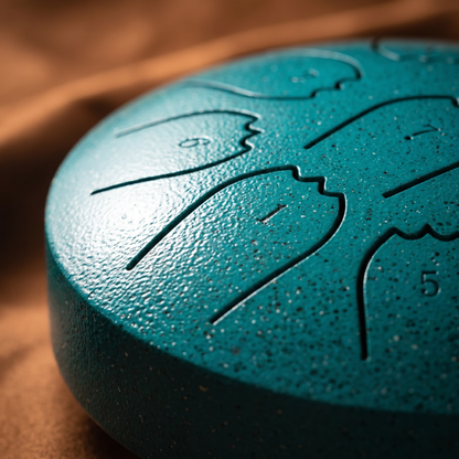 Nell's hand-tuned rain drum, teal pearl finish, side close-up